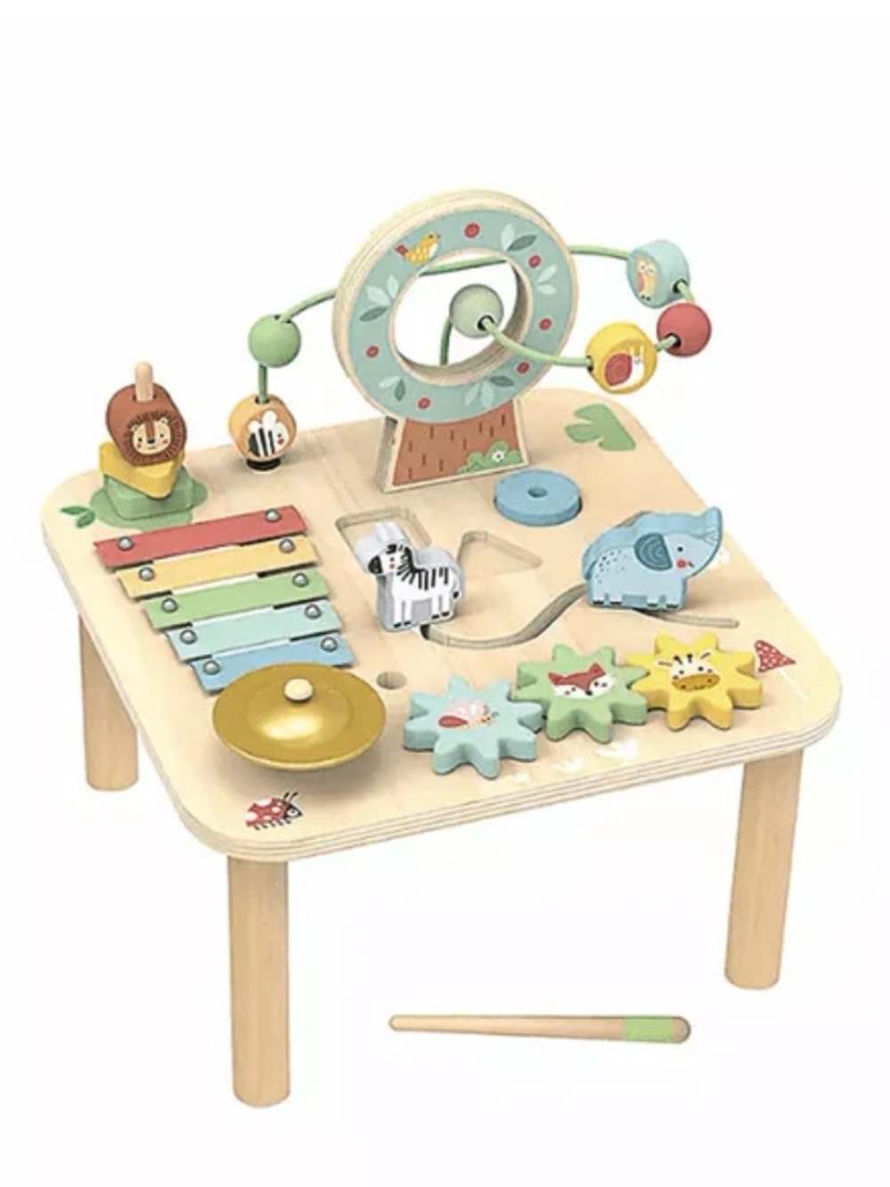 Wooden Activity Learning Table with Pastel Green & Yellow Play Pieces